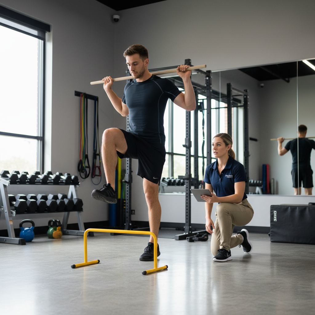 Athlete performing functional movement screening with physical therapist in Wilmington sports performance therapy facility