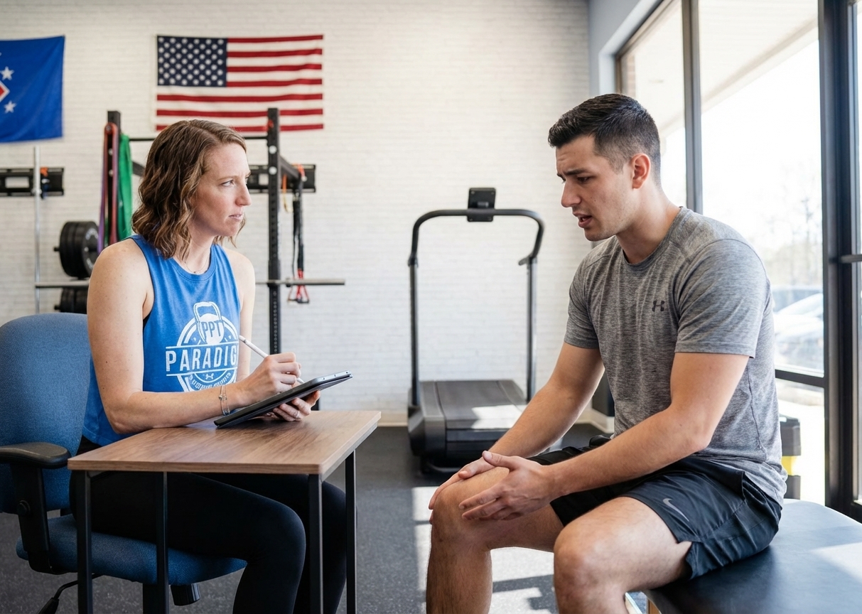 Athlete undergoing functional movement assessment with physical therapist at sports performance therapy clinic in Wilmington