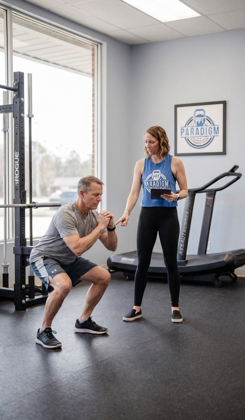 Patient working with a provider at a performance physical therapy clinic in Wilmington during movement assessment
