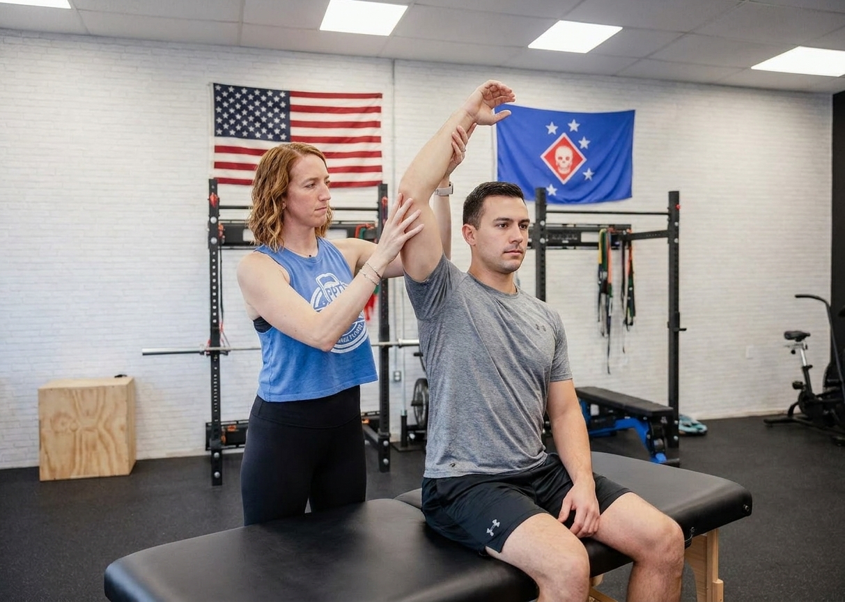 Patient working with a provider at a performance physical therapy clinic in Wilmington, NC, during a shoulder mobility assessment