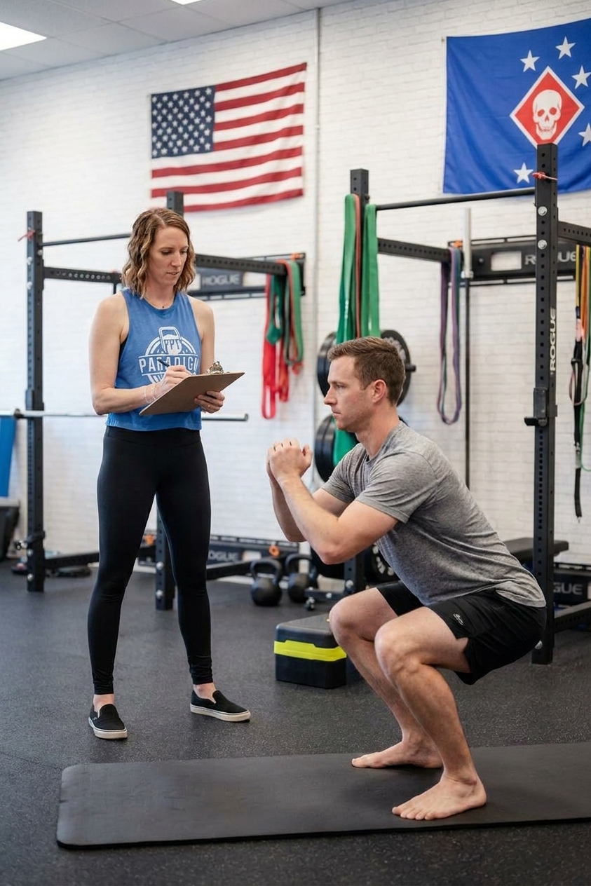 Patient working with a provider at a performance physical therapy clinic in Wilmington, NC, during a functional movement assessment