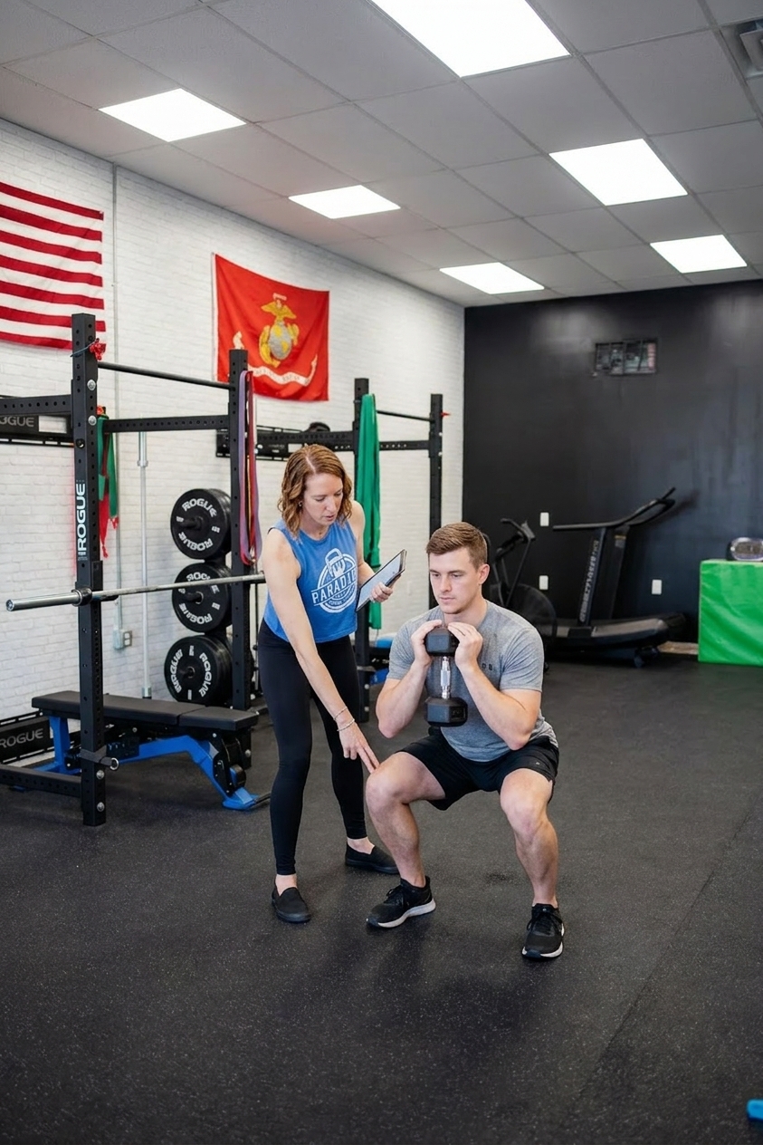 Athlete completing a functional movement assessment with a physical therapist at a CrossFit physical therapy clinic in Wilmington, NC