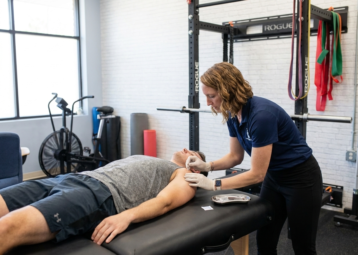 Patient receiving dry needling shoulder treatment at a performance physical therapy clinic in Wilmington, NC